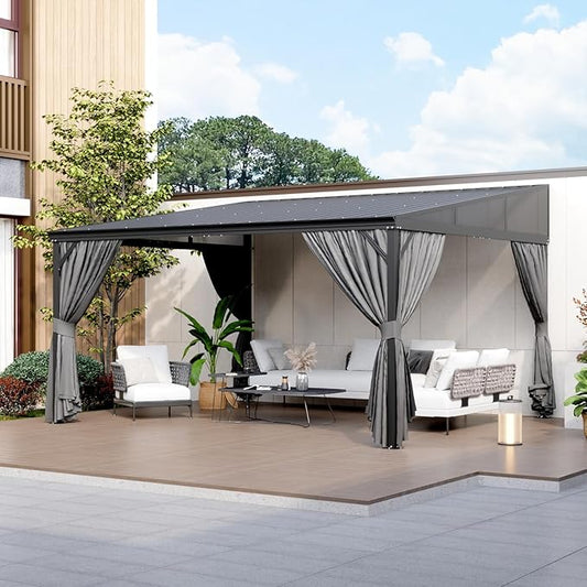 MOUMON 12x14Ft Hardtop Gazebo, Aluminum Frame Wall Mount Outdoor Gazebo with Netting & Curtains, Sloping Galvanized Iron Roof, Sun Shade Pergola Canopy for Patio Garden Backyard, Black Grey