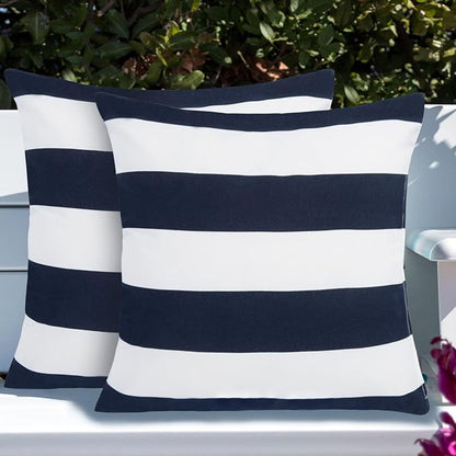 Throw Pillow Covers Set of 2, Outdoor Indoor Waterproof Decorative Patio Throw Pillowcase Shell 18x18 Inch, Square Cushion Case for Couch Sofa Garden Farmhouse Decoration-Navy White Stripe