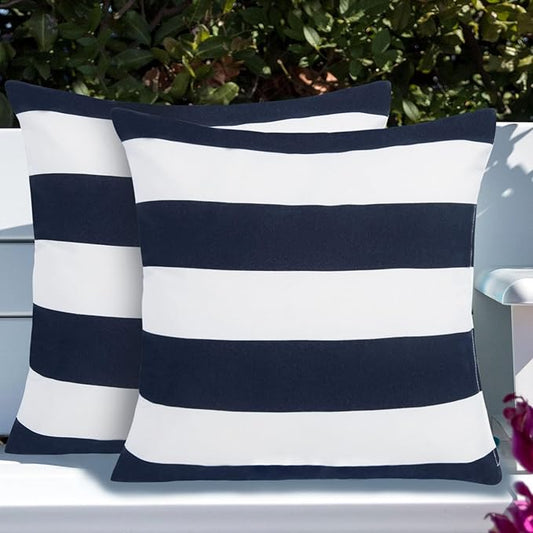 Throw Pillow Covers Set of 2, Outdoor Indoor Waterproof Decorative Patio Throw Pillowcase Shell 18x18 Inch, Square Cushion Case for Couch Sofa Garden Farmhouse Decoration-Navy White Stripe