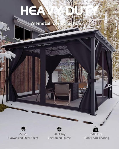 GAOMON Hardtop Gazebo 12'x14' for All Weather, with Double Metal Roof, Aluminum Alloy Frame, Net, and Curtain, Permanent Building of Backyard Luxury for Patio, Deck, Backyard, Lawn, and Garden, Gray