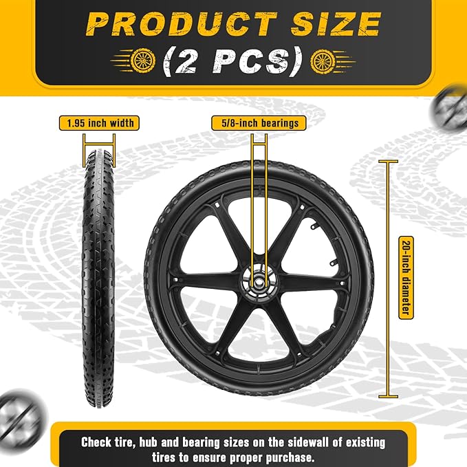 20x1.95" Rim Flat Free Cart Tire Assembly for Rubbermaid Garden Yard Cart, Garden Cart Wheels 20 inch with 5/8" Bearing Replacement for Wheelbarrow, Garden Trailers, Roofing Equipment by AZUNYYDS