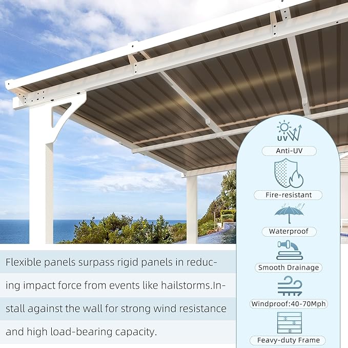 AECOJOY 12' x 10' White Pergola Gazebo, Large Wall Mounted Pergolas and Gazebos on Clearance, Outdoor Patio Lean to Hard Top Gazebo Metal Awnings for Decks,Patio, Porch, Backyard and More