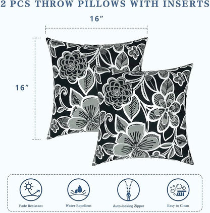 LVTXIII Outdoor Throw Pillows, Decorative Throw Pillows with Inserts, 16"x16" Square Pillows for Bed, Couch, Sofa and Patio Furniture, Set of 2, Flower Black