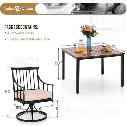 Sophia & William 5 Pcs Patio Furniture Outdoor Dining Set, 42" Square Metal Patio Table and Swivel Chairs with Cushions, Adjustable Umbrella Hole, Conversation Bistro Set for Garden,Yard,Deck