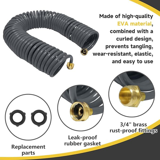 Coil Hose,3/8" EVA Coil Garden Hose 75 FT,Curly Water Hose Lightweight with Brass Connectors,Recoil Garden Hose Includes 8-Pattern Spray Nozzle for Boat, Yard, Patio, Green