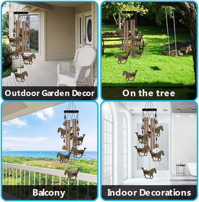 Horse Wind Chimes Outdoor Decor - with 4 Tubes 4 Bells 5 Horses Wind Chime, Mobile Romantic Horse Wind Catcher, Garden Horses Windchimes for Home, Mom Gifts, Balcony, Tree, Festival, Garden Decoration