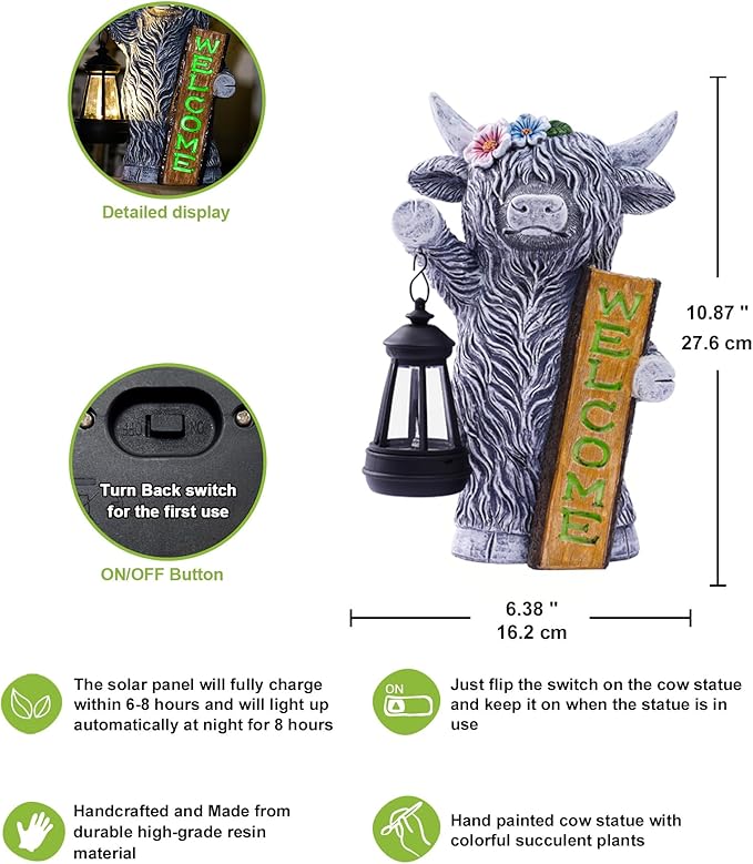 Nacome Highland Cow Garden Statue for Decor: Outdoor Sculpture with Solar Lantern and Welcome Sign for Outside Ornament Yard Art Lawn Porch Patio Balcony - Birthday Gifts for Women Mom(Gray)