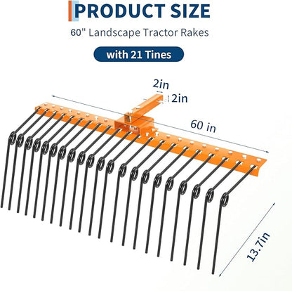 60 in Durable Pine Straw Rake, Steel Spring Landscape Rake Fits 2 in Receiver for Lawn Tractors or ATV/UTV, Orange