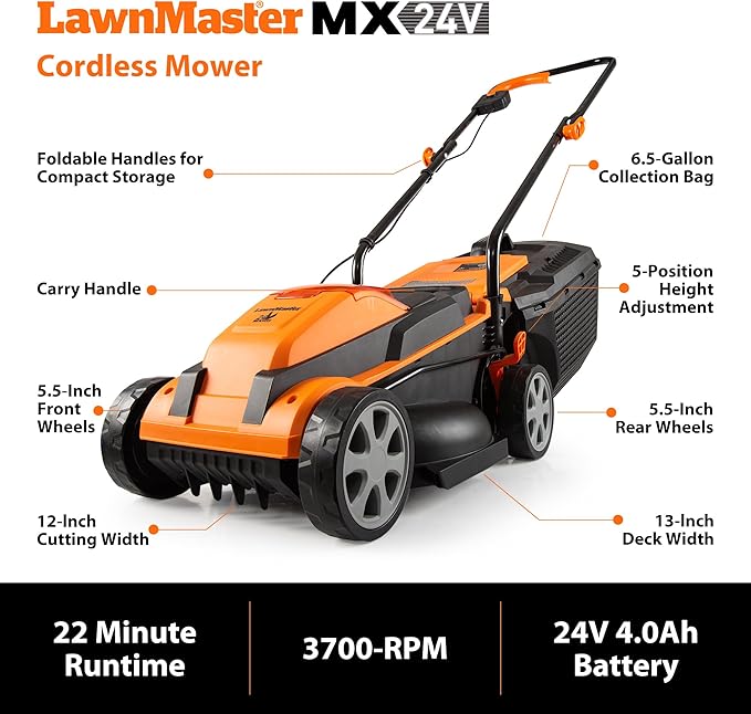 LawnMaster 20VMWGT 24V Max 13-inch Lawn Mower and Grass Trimmer 10-inch Combo with 2x4.0Ah Batteries and Charger