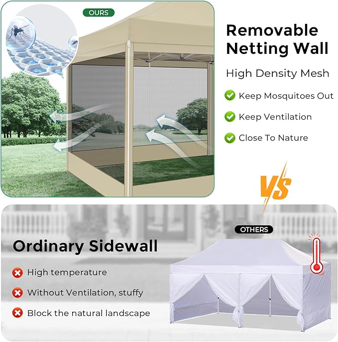COBIZI 10x30 Heavy Duty Pop Up Canopy Tent with 8 Sidewalls, Commercial Gazebo Party Tent with Mosquito Netting Wall Easy Set Up Outdoor Instant Screen Tent for Backyard, Patio, Garden, Khaki