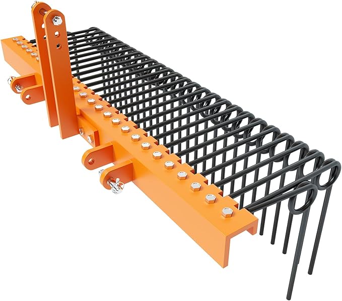 72 Inch Pine Straw Needle Rake, 3 Point Landscape Rake, Powder Coated Steel Spring Tow Behind Rakes, Tractor Attachments for Leaves Straw Grass Attach to Cat 0 Cat 1, Orange