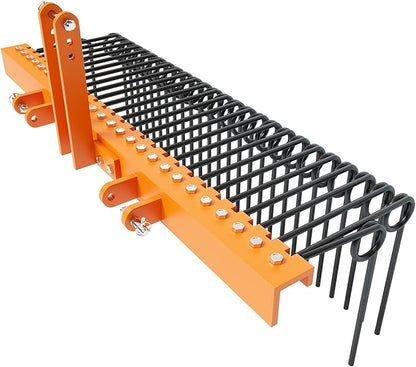 60" Durable Powder Coated Steel Pine Straw Rake, Steel Spring Landscape Rake for Leaves, Pine Needles, Straw, and Grass Attaches to Cat 0 Cat 1,3 Point Hitch Tractor, Yellow