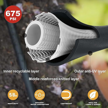 Hybrid Garden Hose 50FT - 5/8" Durable Sturdy and Functional Rubber Hose with Brass Fittings - UV Resistant Leak Proof for Large Gardens and Outdoor Use