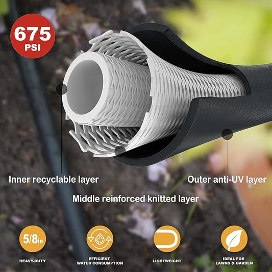 Hybrid Garden Hose 50FT - 5/8" Durable Sturdy and Functional Rubber Hose with Brass Fittings - UV Resistant Leak Proof for Large Gardens and Outdoor Use