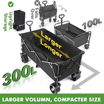 Hikenture Extended Collapsible Wagon, 500 LBS Wagons Carts Foldable, Heavy Duty Beach Wagon with Big Wheels for Sand, 300L Large Capacity Foldable Wagons, Utility Grocery Cart for Garden, Sports