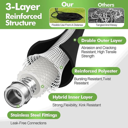 SPECILITE 5/8" Garden Hose 200 ft with High Flow Nozzle, Heavy Duty Flexible Hybrid Rubber Water Hose for Outdoor, Lightweight, Leak-Proof, No-Kink, 3/4"Stainless Steel Fittings,Black