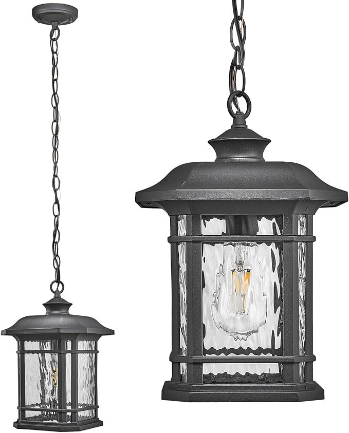 Outdoor Pendant Light Fixture Hanging Porch Light with Adjustable Chain Aluminum Frame with Tempered Water Ripple Glass Hanging Lantern for Front Door Porch Garden and Backyard