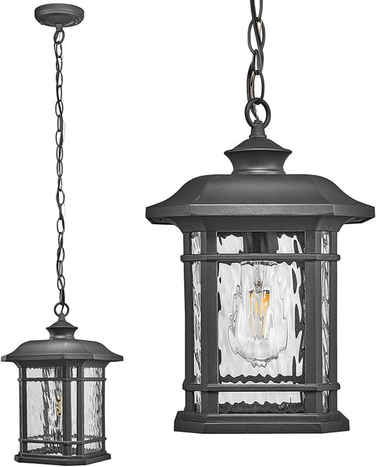 Outdoor Pendant Light Fixture Hanging Porch Light with Adjustable Chain Aluminum Frame with Tempered Water Ripple Glass Hanging Lantern for Front Door Porch Garden and Backyard