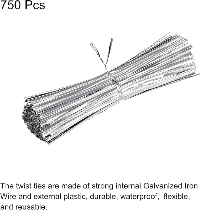 MECCANIXITY Foil Twist Ties 6" 15cm Metallic Plastic Closure Tie for Tying Bread, Candy, Cookies, Gift Bags Arts Crafts Ties Silver Tone Pack of 750
