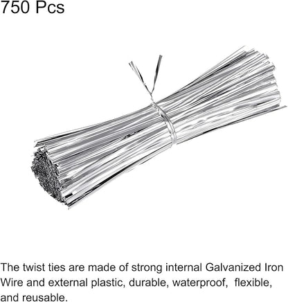 MECCANIXITY Foil Twist Ties 6" 15cm Metallic Plastic Closure Tie for Tying Bread, Candy, Cookies, Gift Bags Arts Crafts Ties Silver Tone Pack of 750