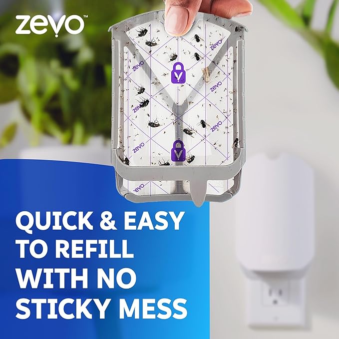 Zevo 4 Flying Insect Traps & 4 Cartridges - Plug In Fly Trap & Indoor Bug Catcher for Gnats, House & Fruit Flies - Mess-Free - Use in Any Room - Uses Blue & UV Light (4 Plug In Devices & 4 Cartridges)