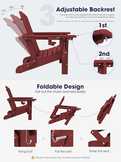KINGYES Folding Adjustable Adirondack Chair with Ottoman & 2 Cup Holders Set of 4, HDEP Multifunctional Adirondack Chair with Footrest, Red