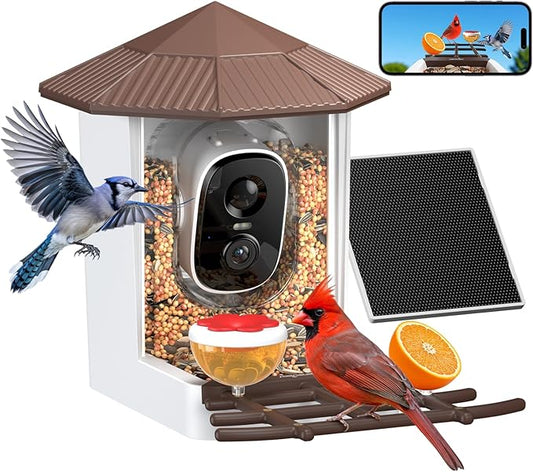wansview Bird Feeder with Camera-Smart Bird Feeders for Outdoors Solar Powered, Birdhouse with Cam & Instant Alert, 2K Live Video, AI Identify Species, Ideal Gift for Tech Lovers, F1, Brown, 2.4G WiFi