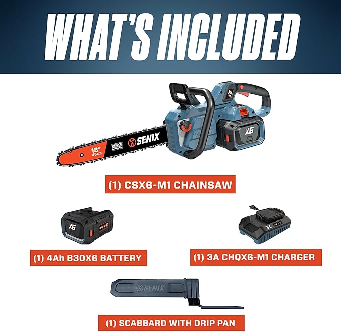 SENIX Chainsaw|60V 18" Battery Chainsaw|Brushless Electric Chainsaws|Cordless Chain Saw with 4Ah Battery & Charger|Garden Tool for Trees, Pruning, Branch Trimming, Best Gifts for Man, CSX6-M1