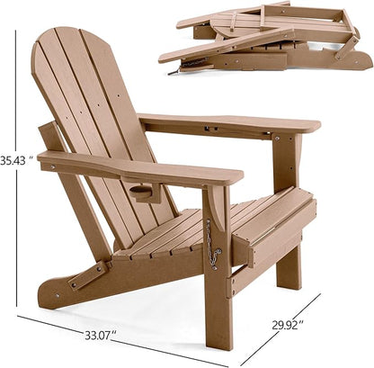 Folding Adirondack Chair, HDPE Outdoor Texture Lawn Chair with Reclining Back, Cup and Phone Holder - Comfortable Firepit Chair Weather Resistant for Patio or Backyard (Brown, Set of 4)