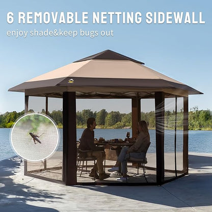 CROWN SHADES 13x13 Pop up Gazebo with Mosquito Nettings, Patented Center Lock 6-Sided Portable Gazebo, 300D Silver-Coated Fabric UV Resistant, Pop Up Canopy Tent for Patio, Party, Beige&Coffee