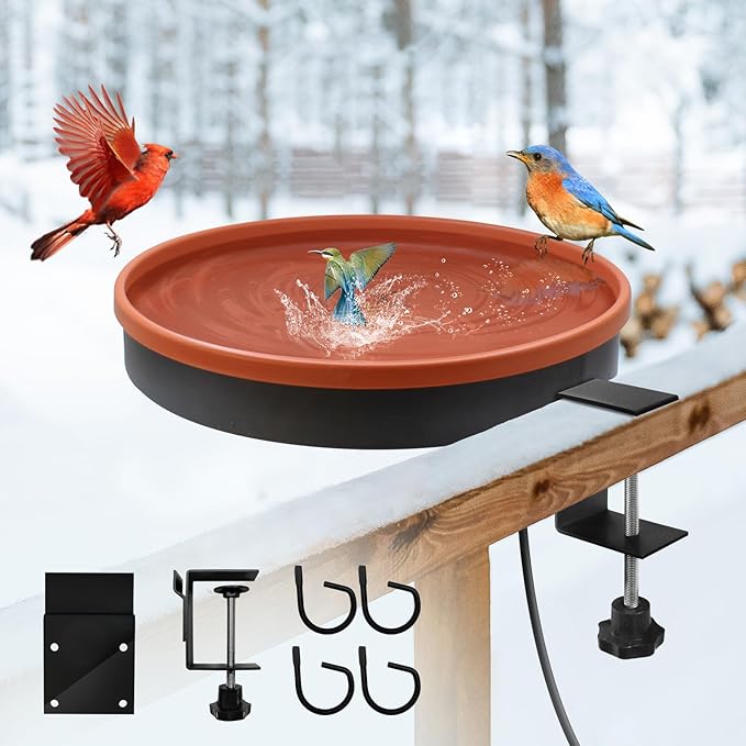 Heated Bird Bath for Outdoors for Winter, 3 Easy Ways to Mount Detachable Bird Bath Bowl, 75W Heated Bird Baths with Thermostatically Controlled for Garden Yard Patio Lawn, Terracotta