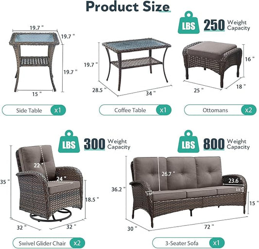 7 Piece Patio Furniture Set - Wicker Patio Conversation Set with Swivel Glider, 3 Seat Sofa, 2 Ottomans, Glass Side Table and Coffee Table for Deck Backyard - Brown Wicker Grey Cushion