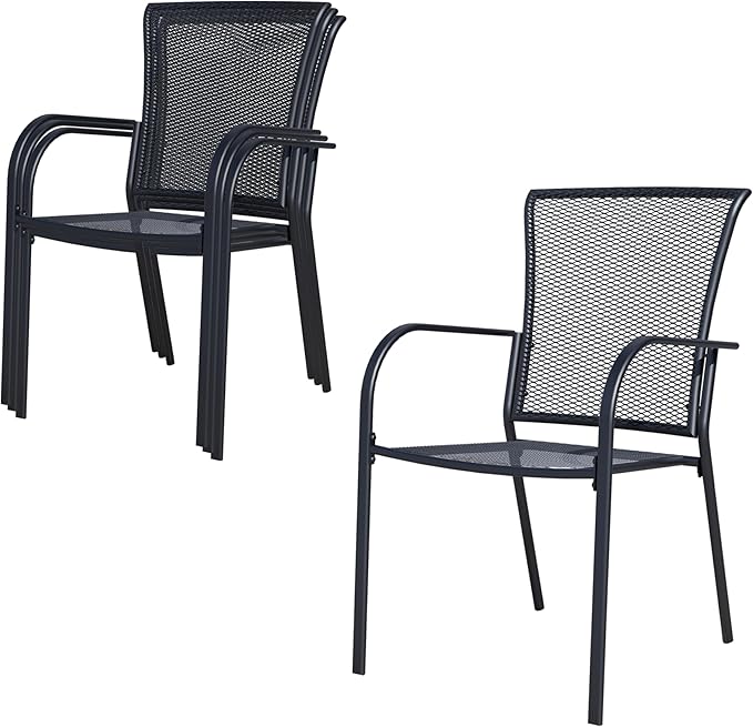 Outdoor Metal Patio Chairs Set of 4, Stackable Iron Mesh Dining Chairs with Armrests, All-Weather Bistro Chairs for Garden, Backyard, Porch, or Balcony
