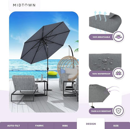 Midtown Umbrellas 10-Year-No-Fade - 10 Ft - UV Proof Heather Grey Polyester Fabric - Umbrella Outdoor Patio, Aluminum Frame Large Patio Umbrella for Garden, Pool & Deck - Black Pole