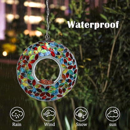 VCUTEKA Mosaic Bird Feeder Solar Fly Through Birdfeeder for Outside Hanging Round Shape Glass Container to Attract More Wild Bird Feeders for Garden Decor as Gift for Bird Lovers, Red 10-Inch
