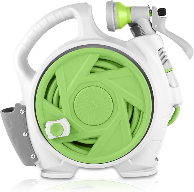 Kitness Mini Retractable Garden Hose Reel, Portable Simple Home 45+5 FT Hose Reel with 7 Adjustable Patterns Spray Nozzle&Standard Connector, Watering Hose Reel for Gardens Yards and lawns (Green)