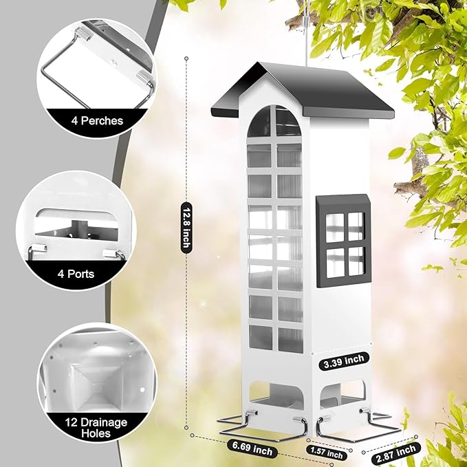 Squirrel Proof Bird Feeder, Metal Bird Feeders for Outdoors Hanging,2LB Large Capacity Gravity Protection Squirrel-Proof Mesh Wild Bird Feeders with Finch Cardinal Chickadee-White