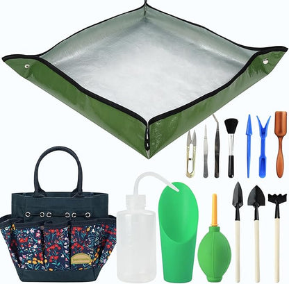 Succulent Tools Kit with Organizer Bag- 13Pcs Indoor Gardening Tools |Mini Succulent Hand Tools with Tote, Succulent Transplanting Supplies, Present for Gardeners Plant Care (Navyblue) ﻿