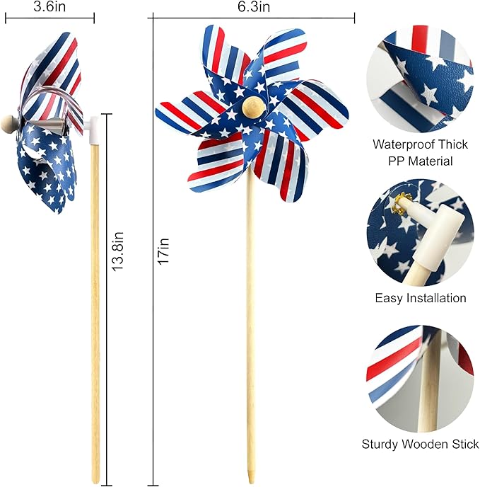 IiILittle 12 Pack Patriotic Pinwheels, No Assembly Required, American Flag Pinwheels, Wind Spinners for Yard for 4th of July Decor, Memorial Day Decor, Patriotic Outdoor Decor