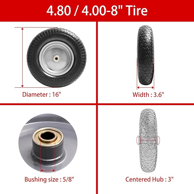 16" Flat Free Wheelbarrow Tires,4.80/4.00-8"Flat-Free Solid Tire with 3" Centered Hub,5/8" & 3/4" Bearing For Wheel Barrow Garden Utility Cart Lawn Mover Replacemen(2 Pack)