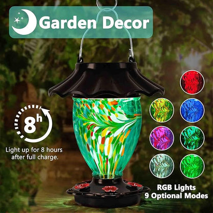 LUJII Solar Powered Color Changing Hummingbird Feeder for Outdoors Hanging, Hand Blown Glass Reservoir, 32 fl.oz, Never Leak, Illuminated Lantern for Garden Decor, for Bird Lover (Teal)