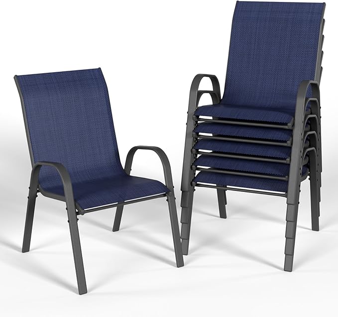 Patio Dining Chairs Set of 6, Outdoor High Stacking Chairs，Breathable Seat Fabric and Alloy Steel Frame for Backyard, Porch, Garden, Sunroom (Blue)