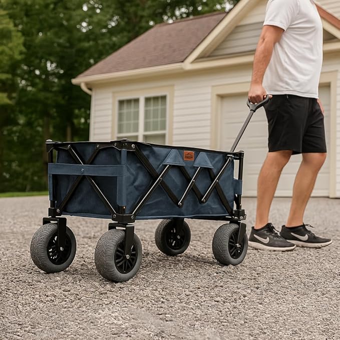 Folding Beach Wagon with Big All-Terrain Wheels for Off-Road Use (Sand/Gravel/Camping Trails) Extra Large Utility Cart with 9" Heavy-Duty Rubber Tires [Outland-XL by Stratton Forge] Blue