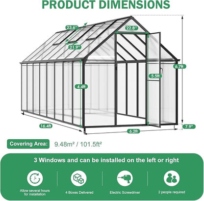 Greenhouse, 6x16 FT Easy Assembly Hybrid Polycarbonate Greenhouses for Outdoors w/3 Vent Windows & Swing Door Walk-in Green Houses Aluminum GreenHouses for Garden, Black