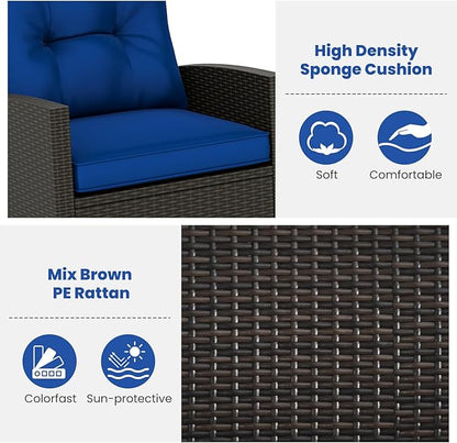 ORALNER 3 Pieces Patio Furniture Set, Outdoor Wicker Rocking Chairs with Soft Cushions, Glass Coffee Table, Rattan Conversation Bistro Set for Front Porch Balcony Garden Deck Poolside (Navy)