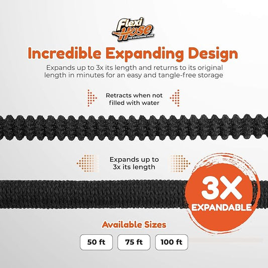 Flexi Hose Lightweight Expandable Garden Hose, No-Kink Flexibility, 3/4 Inch Solid Brass Fittings and Double Latex Core (25ft, Black)