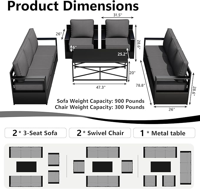 Outdoor Patio Furniture Set, 5-Piece Aluminum Patio Conversation Set All-Weather Metal Outdoor Sectional with 6 Inch Thick Cushions, Deep Setting for Garden, Outside and Porch