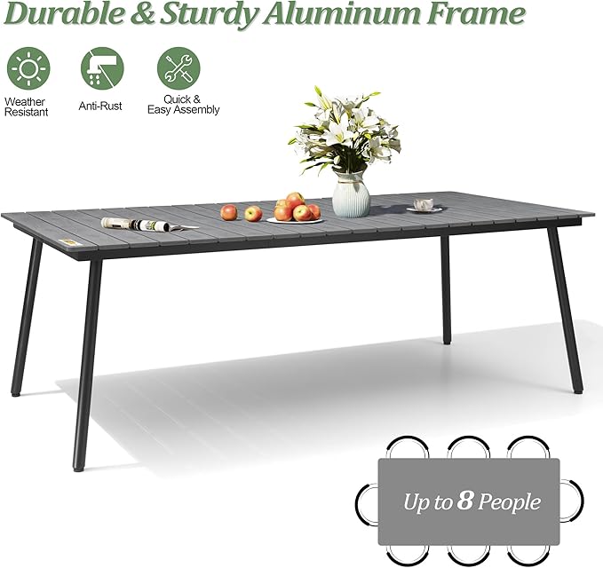 Outdoor Dining Table for 6-8, 82.7 inch Patio Dining Table with Wooden-Like Top and Aluminum Frame, Rectangular Table with Umbrella Hole Outdoor Furniture, Grey