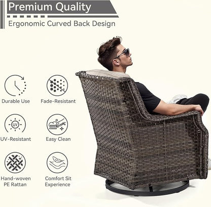 5 Piece Patio Furniture Wicker Conversation Set, 2 Swivel Chairs, 2 Ottomans with 1 Side Table, for Outdoors, Backyard, Deck, Beige