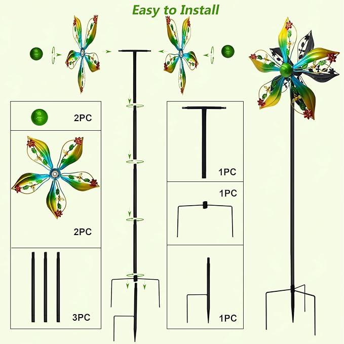 Wind Spinners Outdoor,Kinetic Wind Sculptures & Spinners, 57" Double-Side Metal Wind Spinner for Yard and Garden, Lawn Art Decorations Flower & Bee